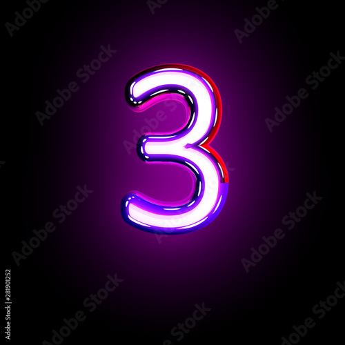 Purple shining neon alphabet - number 3 isolated on black background, 3D illustration of symbols
