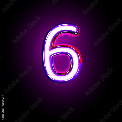 number 6 of neon purple shining font isolated on black - 3D illustration of symbols
