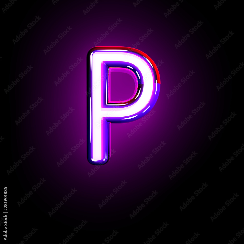 Purple shining neon alphabet - letter P isolated on black background, 3D illustration of symbols - obrazy, fototapety, plakaty 