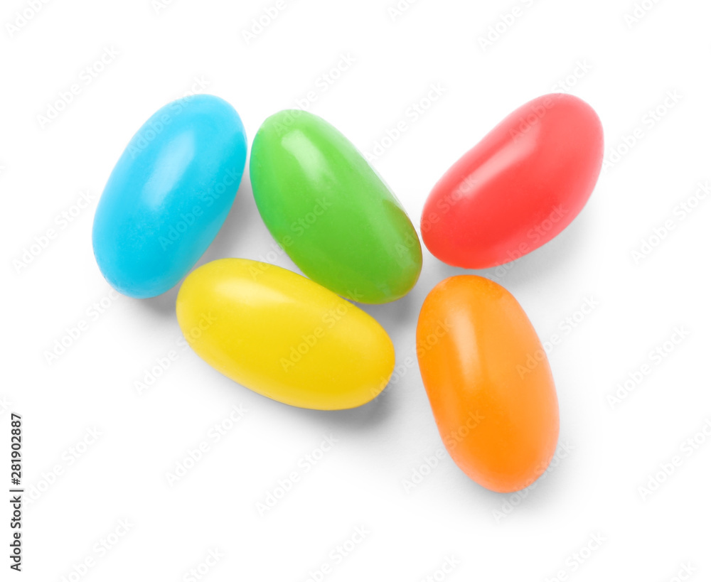 Pile of tasty bright jelly beans isolated on white, top view Pile of tasty bright jelly beans isolated on white, top view