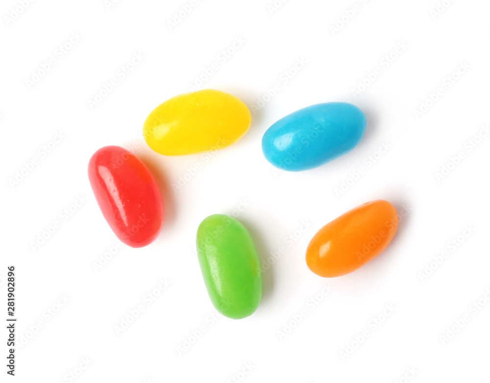 Tasty bright jelly beans isolated on white, top view Tasty bright jelly beans isolated on white, top view