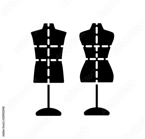Male & female dressmaking mannequin with base stand & markings. Sign of tailor dummy. Display model, body. Professional dress form. Flat icon. Black & white vector illustration