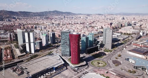 Aerial view of major business district Gran Via with Fira de Barcelona foreground and skyscrapers of Placa d Europa behind photo