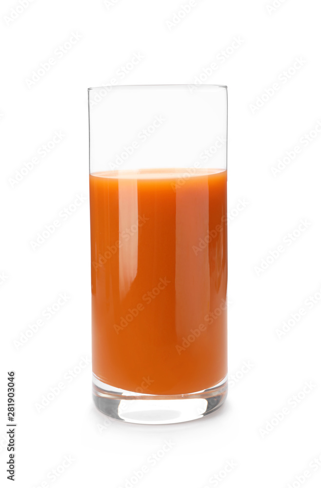Glass of fresh carrot juice on white background Glass of fresh carrot juice on white background