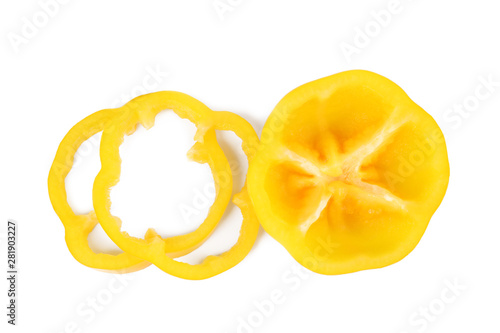 Cut yellow bell pepper isolated on white, top view