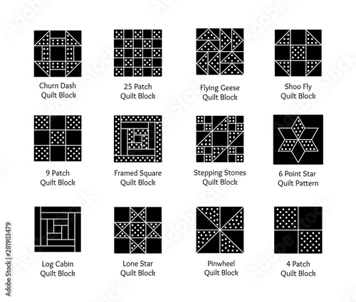 Quilt sewing pattern. Log cabin, pinwheel tiles. Quilting & patchwork blocks from fabric squares, triangles. Vector flat icon set. Isolated objects