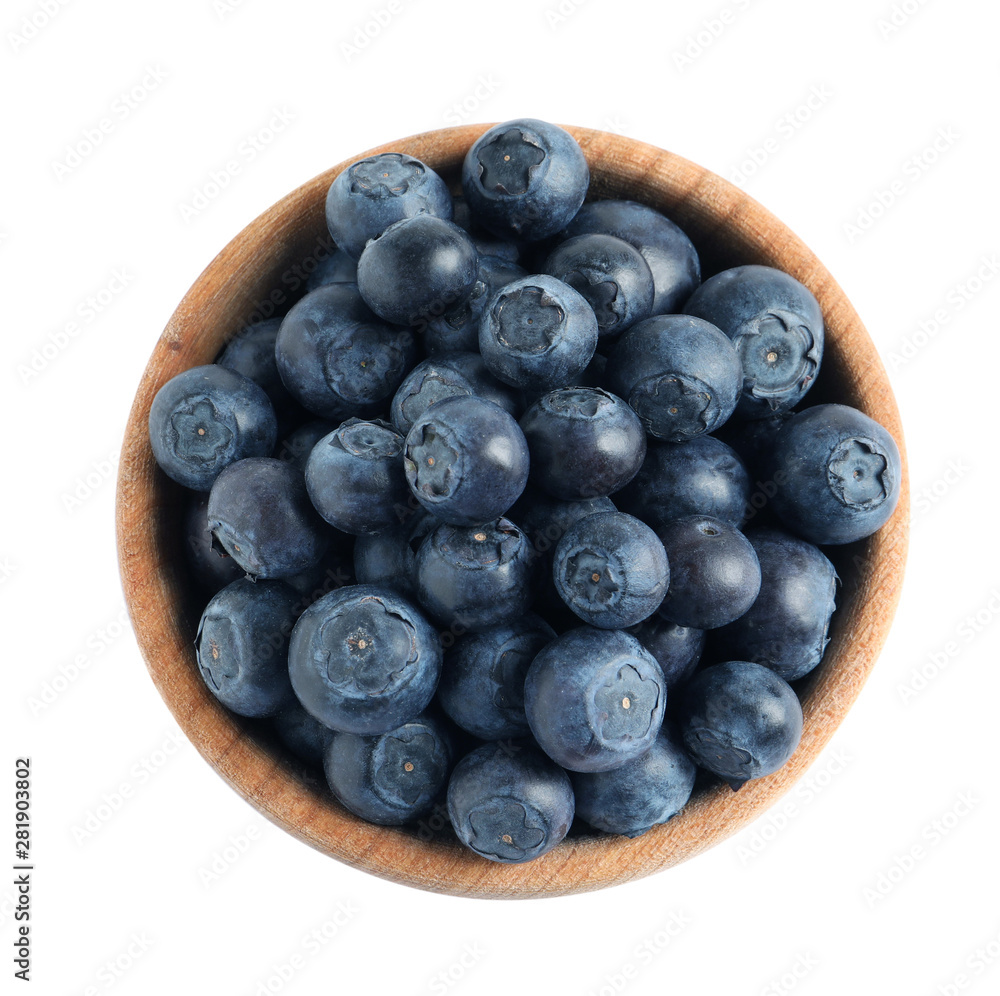 Bowl of fresh raw blueberries isolated on white, top view Bowl of fresh raw blueberries isolated on white, top view