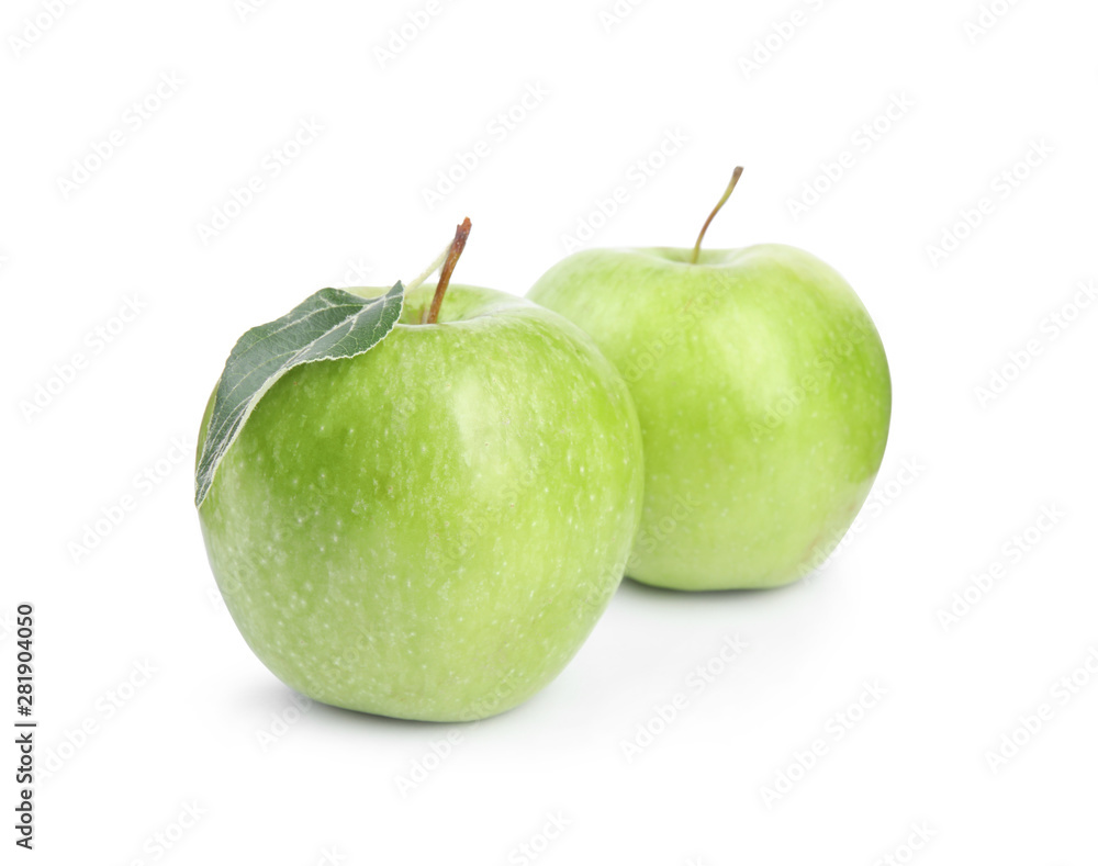 Fresh ripe green apples with leaf on white background Fresh ripe green apples with leaf on white background