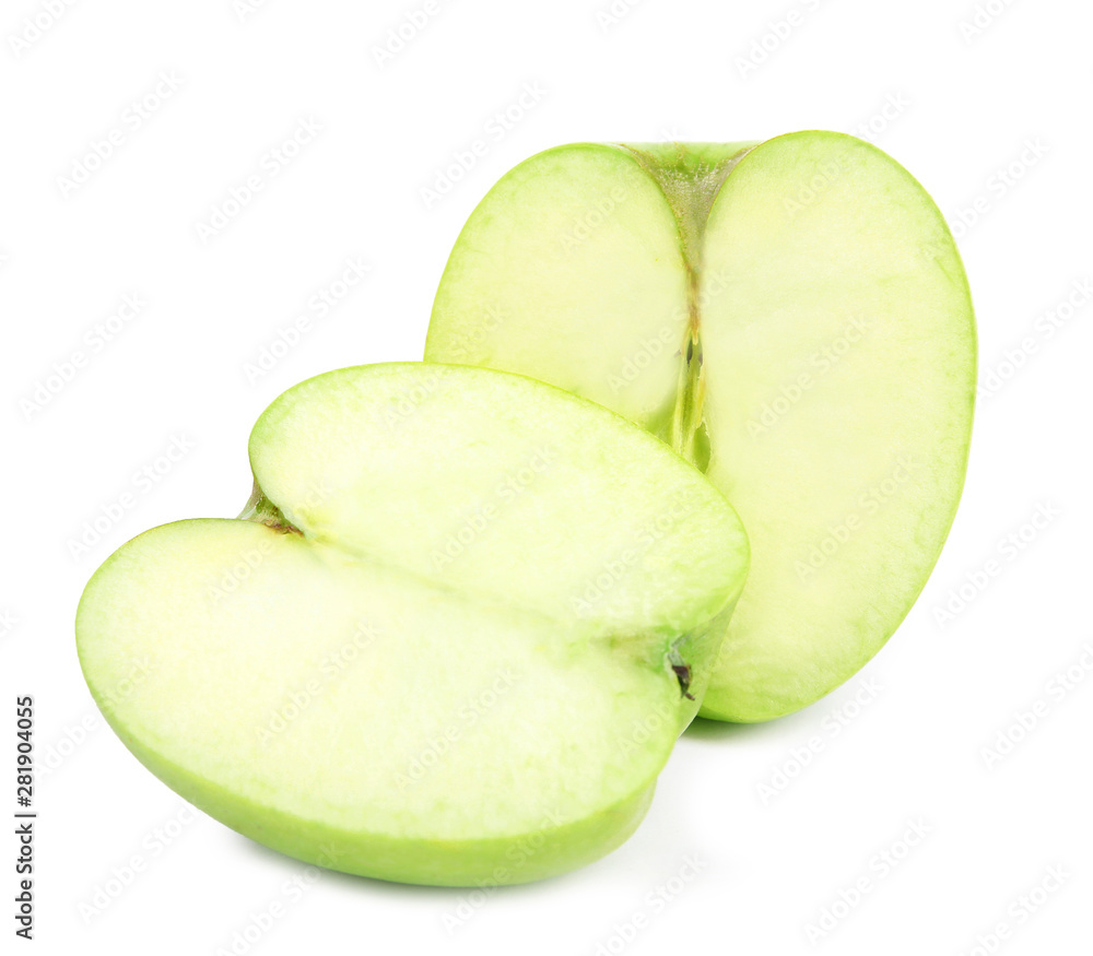 Halves of fresh green apple on white background