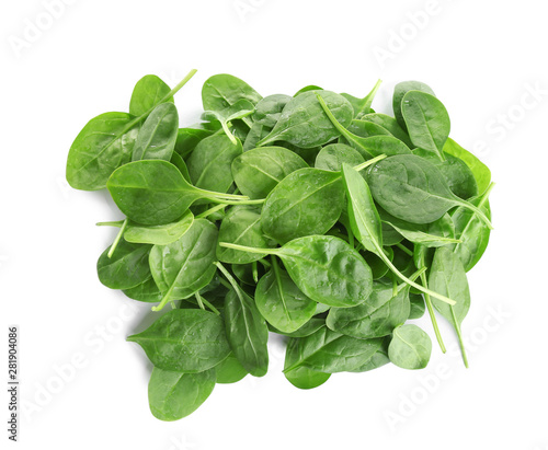Pile of fresh green healthy baby spinach leaves on white background, top view