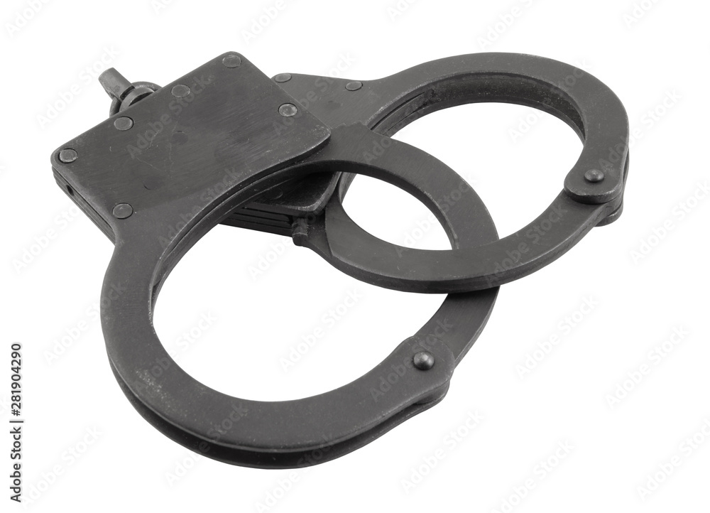 Obraz premium Black metallic handcuffs isolated on white