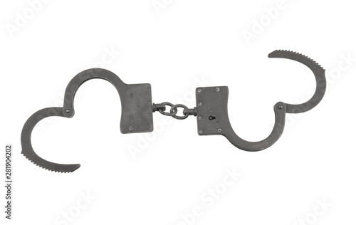 Black metallic handcuffs isolated on white background
