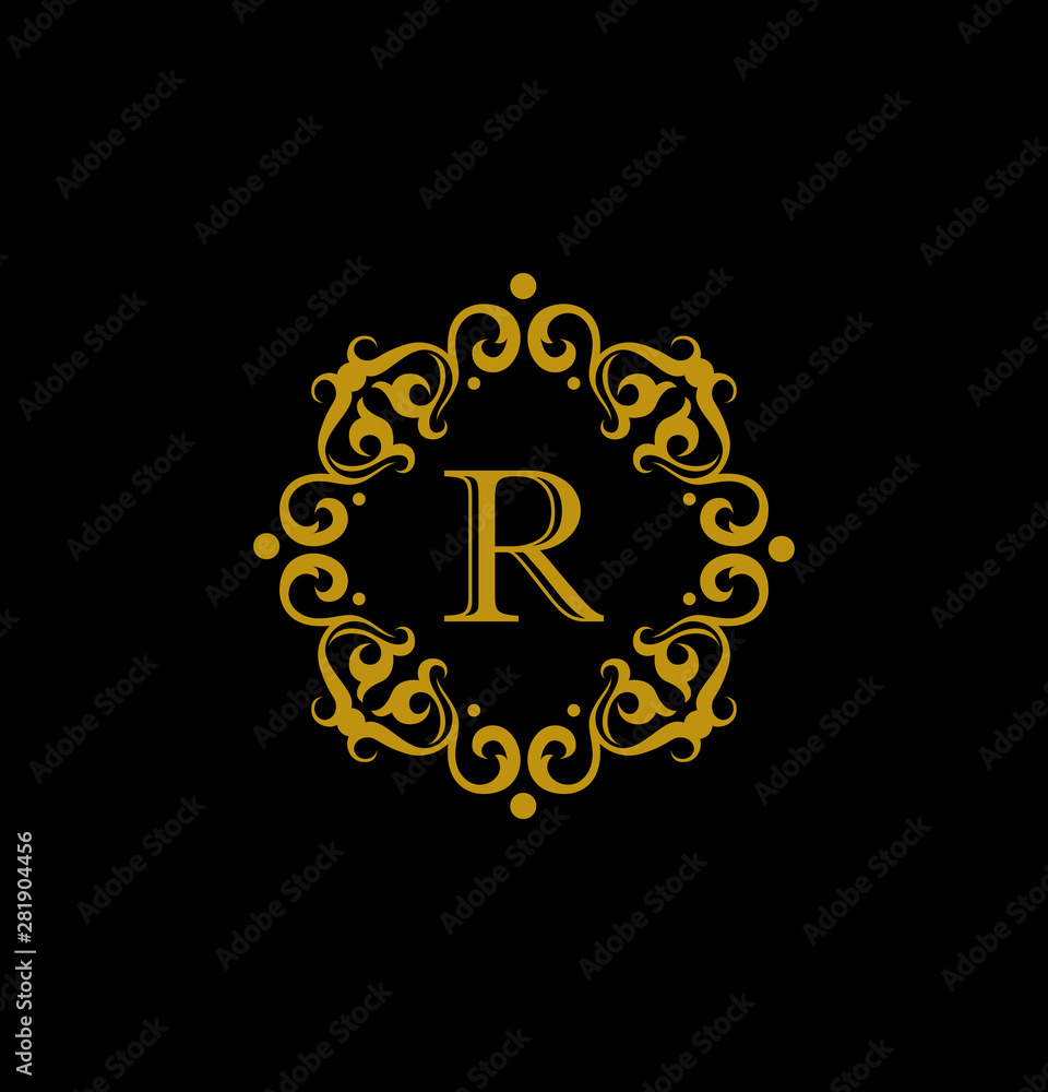 Gold Elegant letter R. Graceful style. Calligraphic beautiful logo. Vintage drawn emblem for book design, business card, Restaurant, Boutique, Hotel. Vector illustration on black background Gold Elegant letter R. Graceful style. Calligraphic beautiful logo. Vintage drawn emblem for book design, business card, Restaurant, Boutique, Hotel. Vector illustration on black background