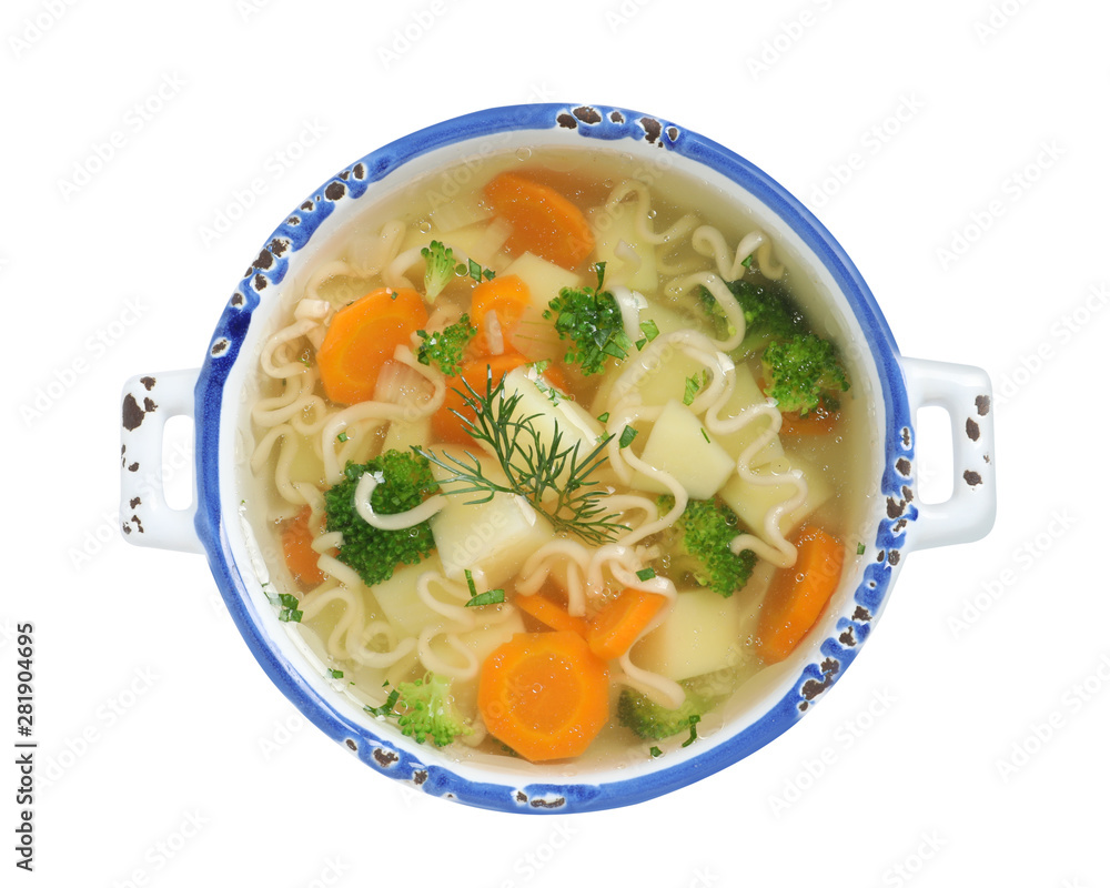 Dish of fresh homemade vegetable soup on white background, top view Dish of fresh homemade vegetable soup on white background, top view