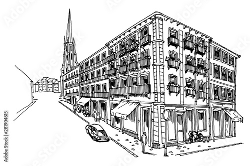 vector sketch of street scene in Bordeaux, France.