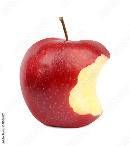 Photography Ripe juicy red apple with bite mark on white background