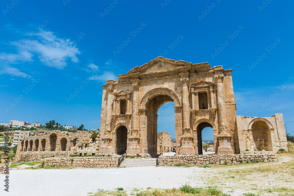 The ruins of Jerash in Jordan are the best preserved city of the early Greco-Roman era, it is the largest acropolis of East Asia. The Arch of Hadrian was built to honour the visit of Emperor Hadrian
