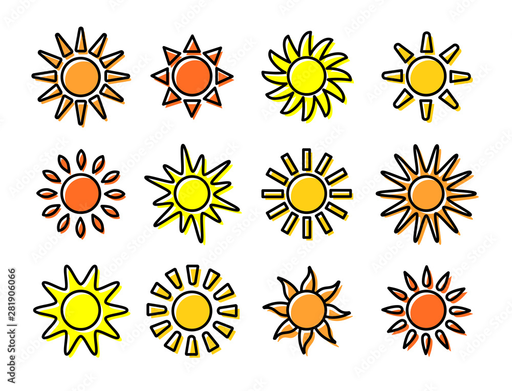 Sun icons with different rays. Summer symbols with gradient. Line flat sunlight signs. Vector illustration Sun icons with different rays. Summer symbols with gradient. Line flat sunlight signs. Vector illustration