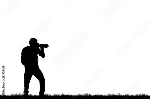 Silhouette of photographer with his camera on white background.