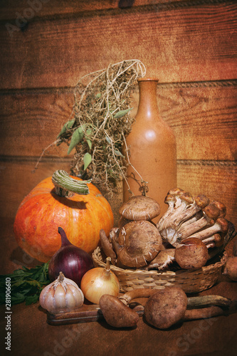 Rural still life of vegetables and ceramic bottles. On a wooden table is pumpkin mushrooms Armillaria, onions parsley garlic and a knife. Wooden background.