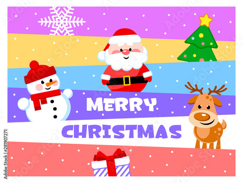 Merry Christmas. Greeting card with funny cartoon characters. Santa Clause, Snowman, Reindeer. Flat design. Vector illustration. © Natariis Studio