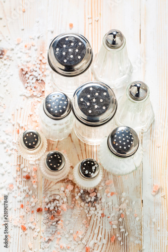 Top view of salt in cellar with different salts