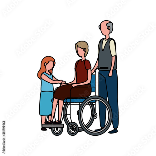 cute grandparents couple in wheelchair with granddaughter
