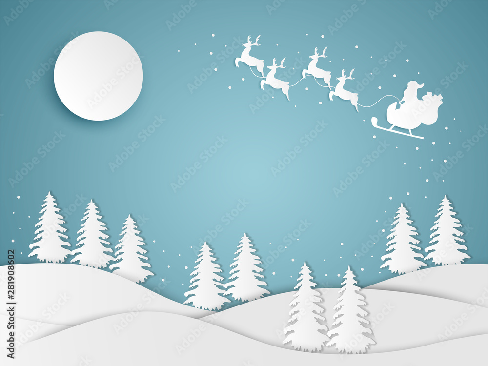 Naklejka Bożenarodzeniowego i szczęśliwego nowego roku błękitny wektorowy tło z śniegiem, księżyc i Santa Claus, świętowania pojęcie, papierowy sztuka projekt