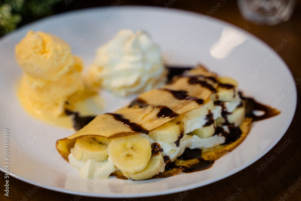 Banana chocolate crepe with vanilla icecream.