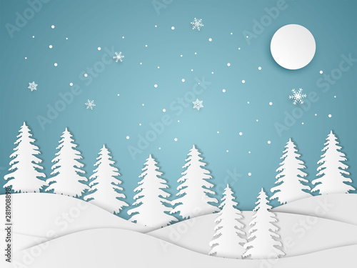 Christmas and happy new year blue vector background with snow, moon and santa claus, celebration concept, paper art design
