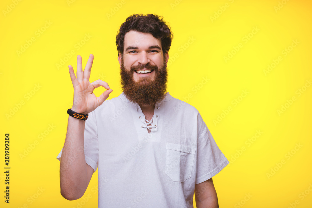 Portrait of cheerful young bearded man showing OK gesture over yellow background Portrait of cheerful young bearded man showing OK gesture over yellow background