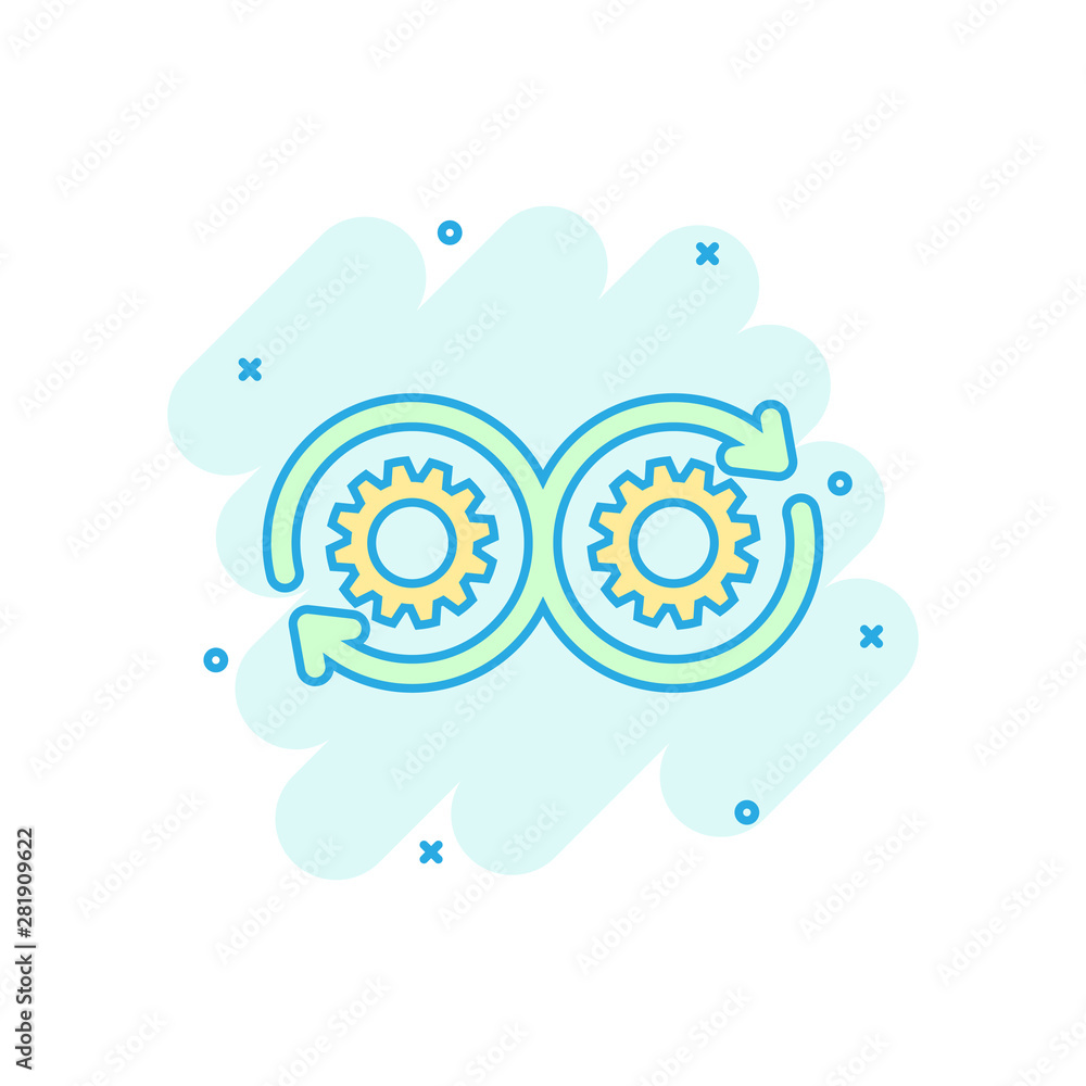 Development icon in comic style. Devops vector cartoon illustration on white isolated background. Cog with arrow business concept splash effect. Development icon in comic style. Devops vector cartoon illustration on white isolated background. Cog with arrow business concept splash effect.