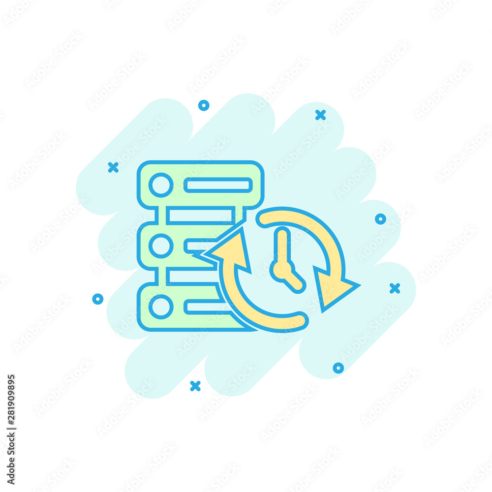 Data center icon in comic style. Clock vector cartoon illustration on white isolated background. Watch business concept splash effect. Data center icon in comic style. Clock vector cartoon illustration on white isolated background. Watch business concept splash effect.