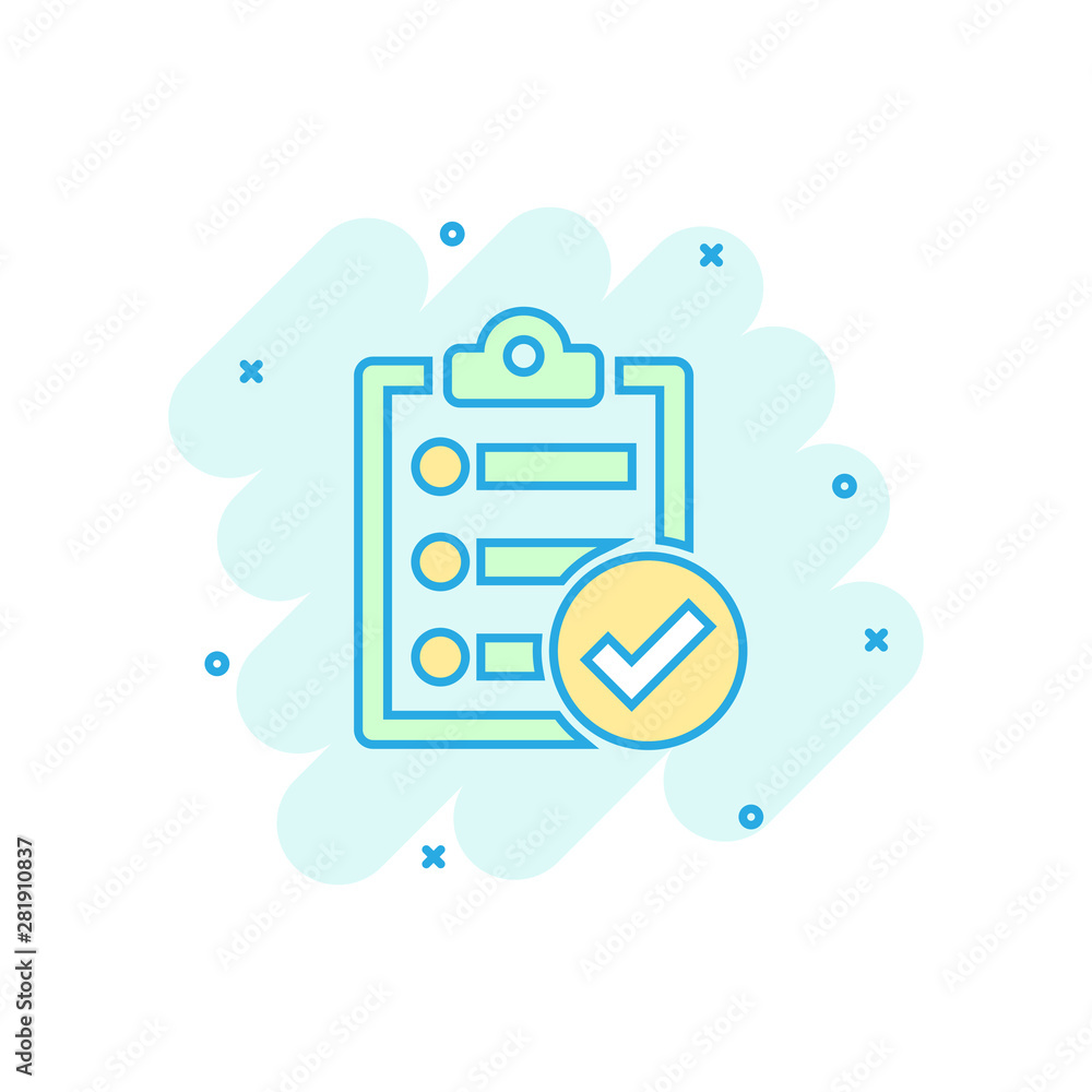Checklist document sign icon in comic style. Survey vector cartoon illustration on white isolated background. Check mark banner business concept splash effect. Checklist document sign icon in comic style. Survey vector cartoon illustration on white isolated background. Check mark banner business concept splash effect.