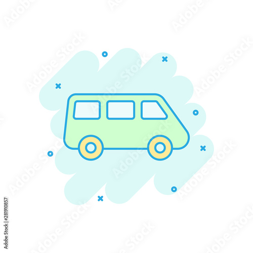 Passenger minivan sign icon in comic style. Car bus vector cartoon illustration on white isolated background. Delivery truck banner business concept splash effect.