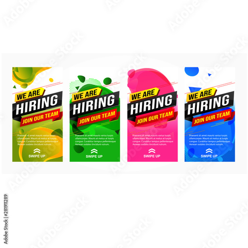 hiring recruitment Join now design set color banner poster. We are hiring lettering. Vector illustration typographic. Open vacancy design template modern concept Instagram story Insta stories Whatsapp