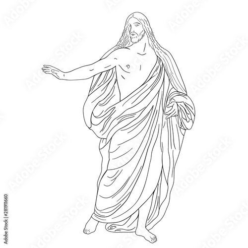 Jesus Christ in a shroud stands holding up his hand. Vector image isolated on white background.