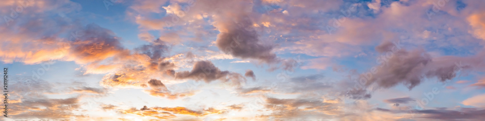 Dramatic panorama sky with cloud on sunrise and sunset time. Panoramic image. Dramatic panorama sky with cloud on sunrise and sunset time. Panoramic image.