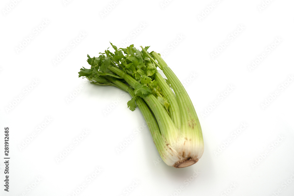 Fresh green celery stalk isolated on white background. Healthy food.