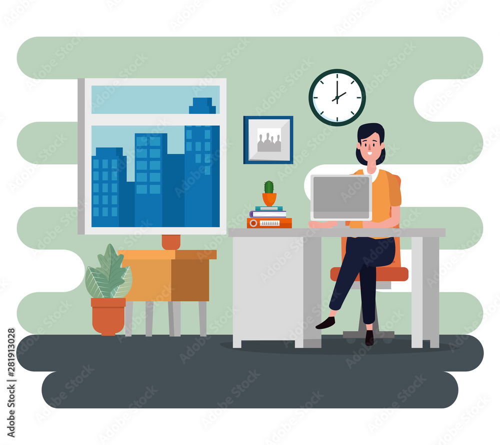 businesswoman with computer technology and books with clock businesswoman with computer technology and books with clock