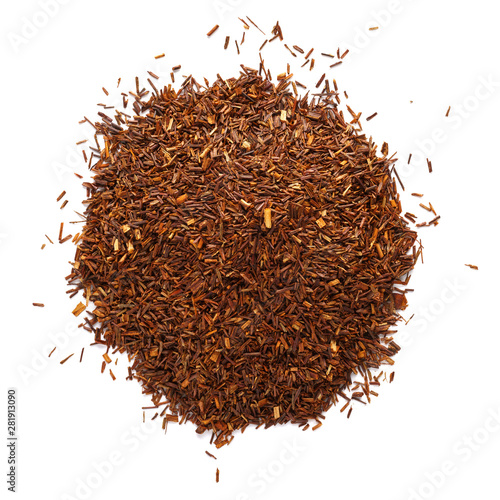 Heap of rooibos tea leaves isolated on white background. photo