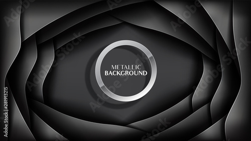 Abstract realistic metallic black paper-like stripes background plus stainless steel circle ring.