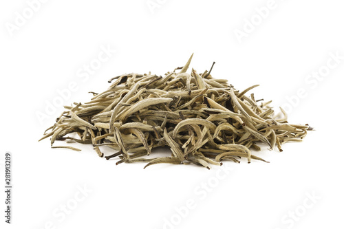 Dry white tea leaves isolated on white background.
