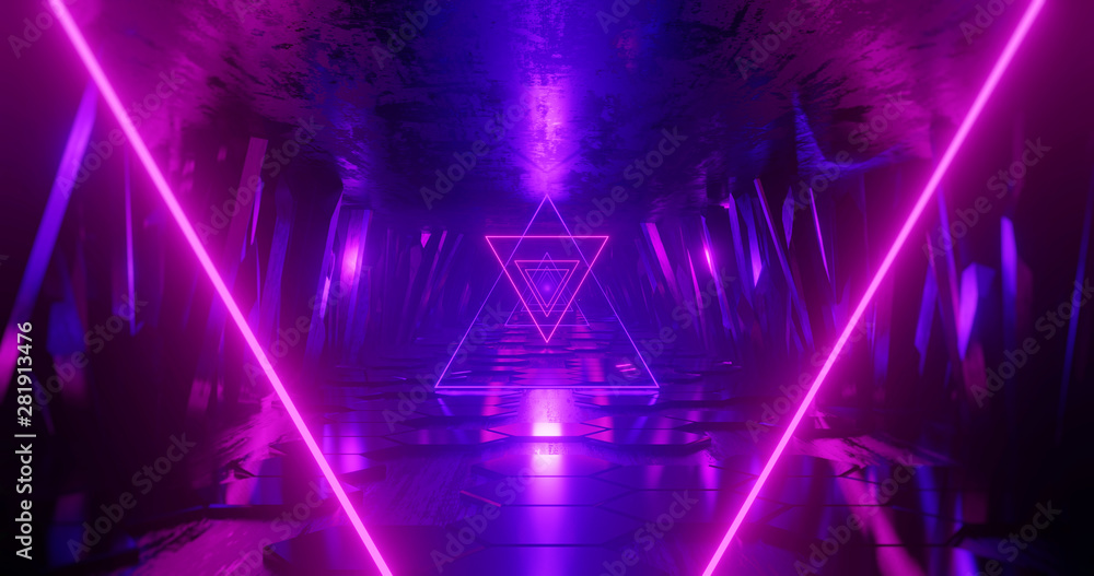 Fototapeta premium 3d render abstrakcyjne tło, wiązka światła neonowego, lot do przodu przez korytarz tunelu skał, lekki kształt, przestrzeń kosmiczna.