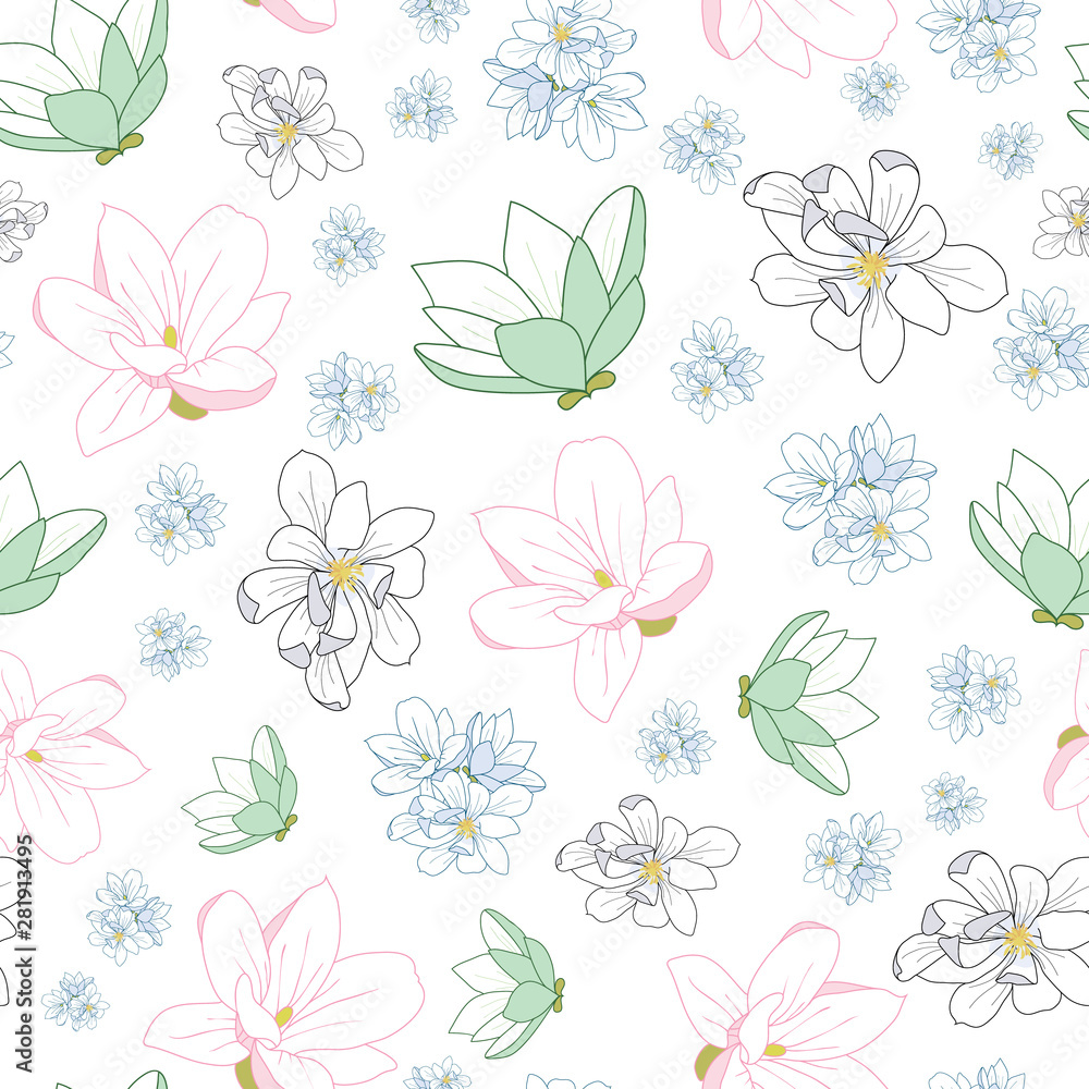 Seamless pattern of magnolia flowers. Vector illustration