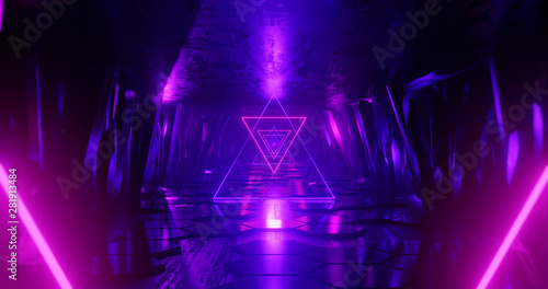 Fotografie 3d render abstract background, neon light beam, flight forward through tunnel corridor of rocks, light shape, outer space