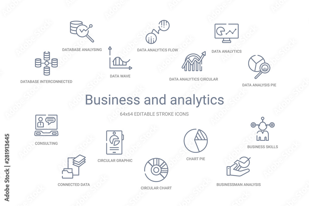 business and analytics concept 14 outline icons