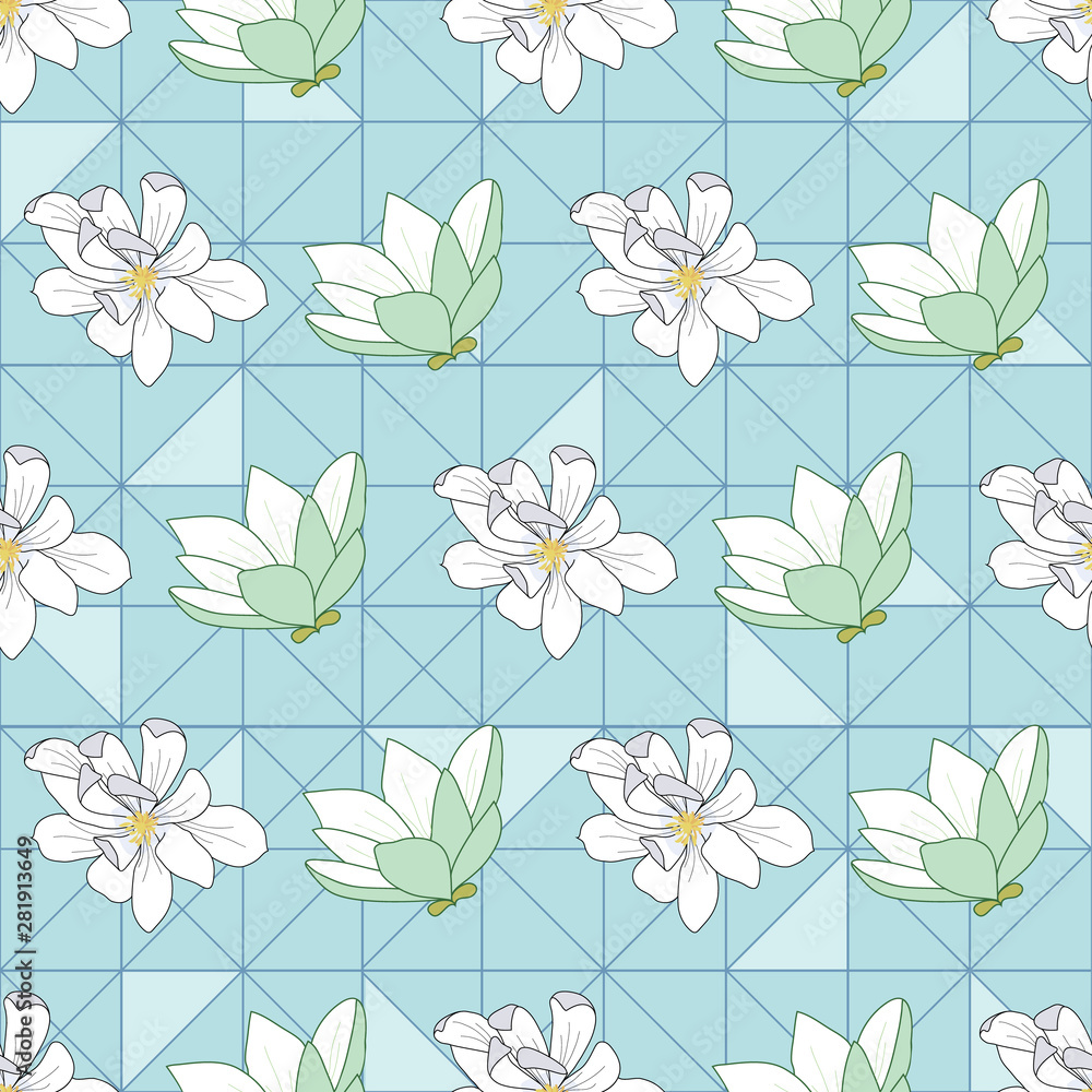 Magnolia flowers seamless pattern on blue triangles background