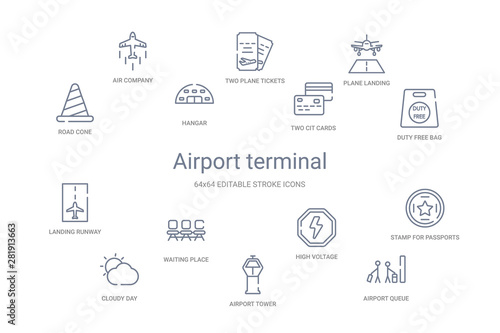 airport terminal concept 14 outline icons