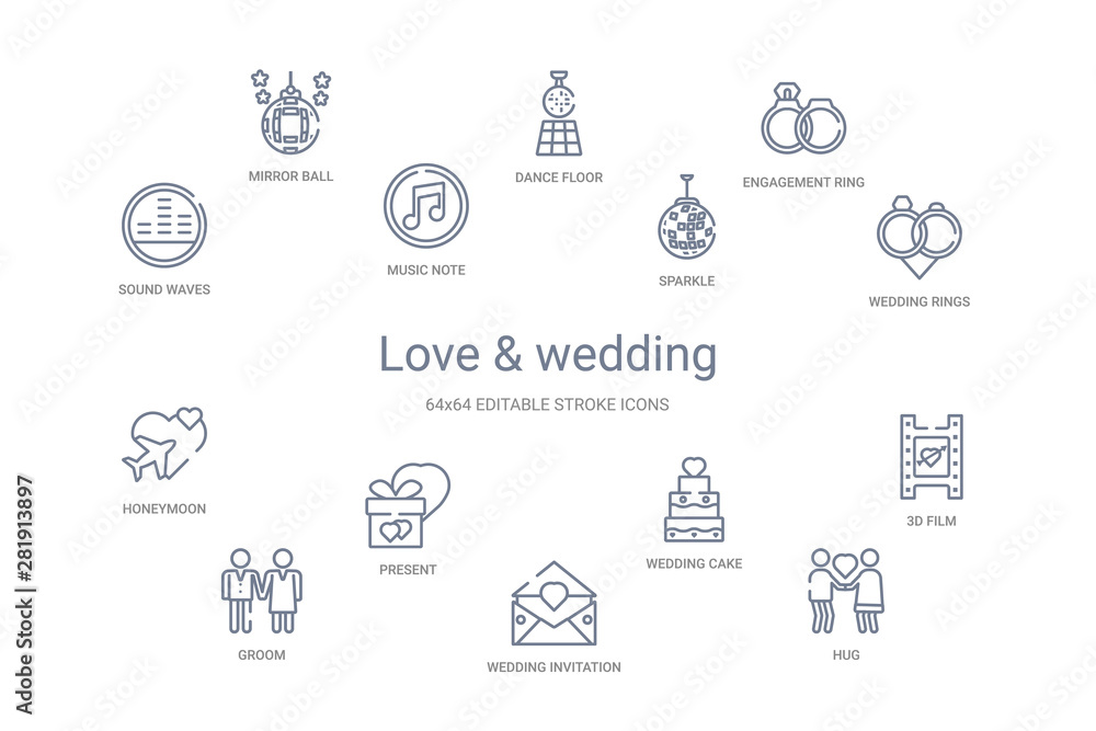 love & wedding concept 14 outline icons
